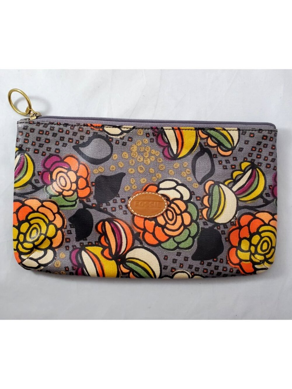 FOSSIL Key-Per Gray Floral Makeup Zip Pouch Bag Coated Canvas Cosmetic Travel